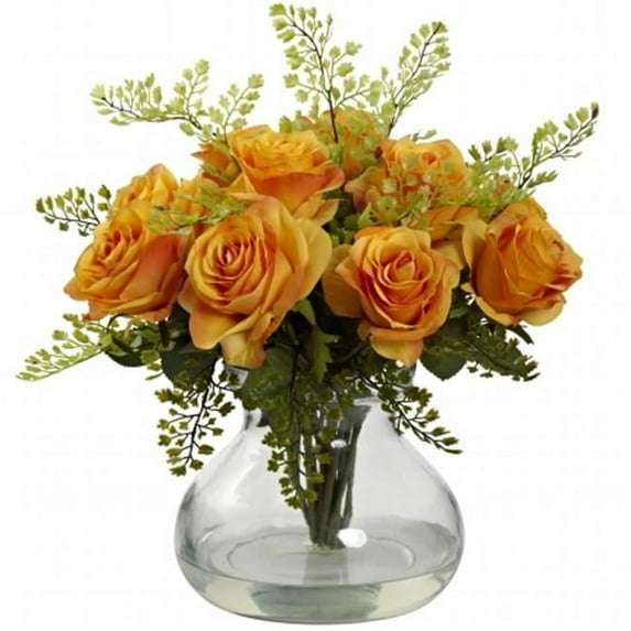Rose & Maiden Hair Arrangement With Vase - Orange Yellow