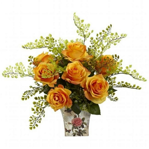 Rose & Maiden Hair With Floral Planter - Orange Yellow