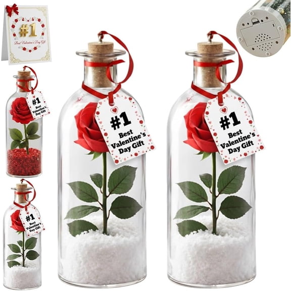 Rose Message in a Bottle, Recordable Voice Love Gift with Playback Cork, Message in a Bottle Voice Recording, Romantic Valentine Keepsake Decor, Holiday Keepsake & Festive Gift for Family(2pcs-b)