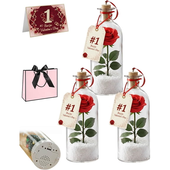 Rose Message in a Bottle, Recordable Voice Message with Playback Cork, Romantic Love Keepsake Decor, Valentine Rose Voice Recording Gift for Her Him, Personalized Sound Keepsake(White 3Pcs)