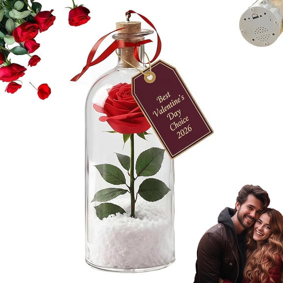 Rose Message in a Bottle Recording, Valentine's Day Rosy Voice Recording Message Glass Bottle with Playback Cork, Romantic Love Keepsake Decor, Personalized Valentine Gift for Her Him