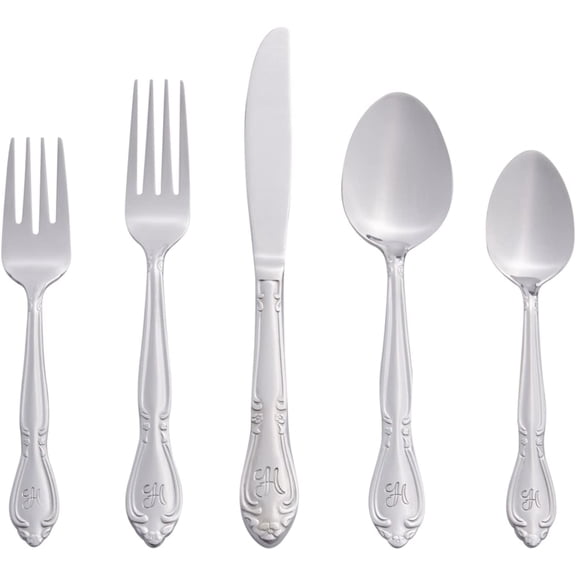 Rose Monogrammed Flatware Set 46 Piece Silverware - H - Utensils Set with Serving Pieces Heavy Gauge Stainless Steel Mirror Finish Dishwasher Safe Cutlery for Daily Use