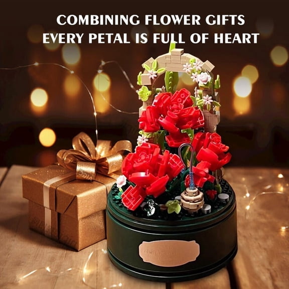 Rose Music Box Building Blocks Set - Transparent Cover with Rotating Base, DIY Gift for Adults, Romantic Home Decor, Plays Classic Melodies