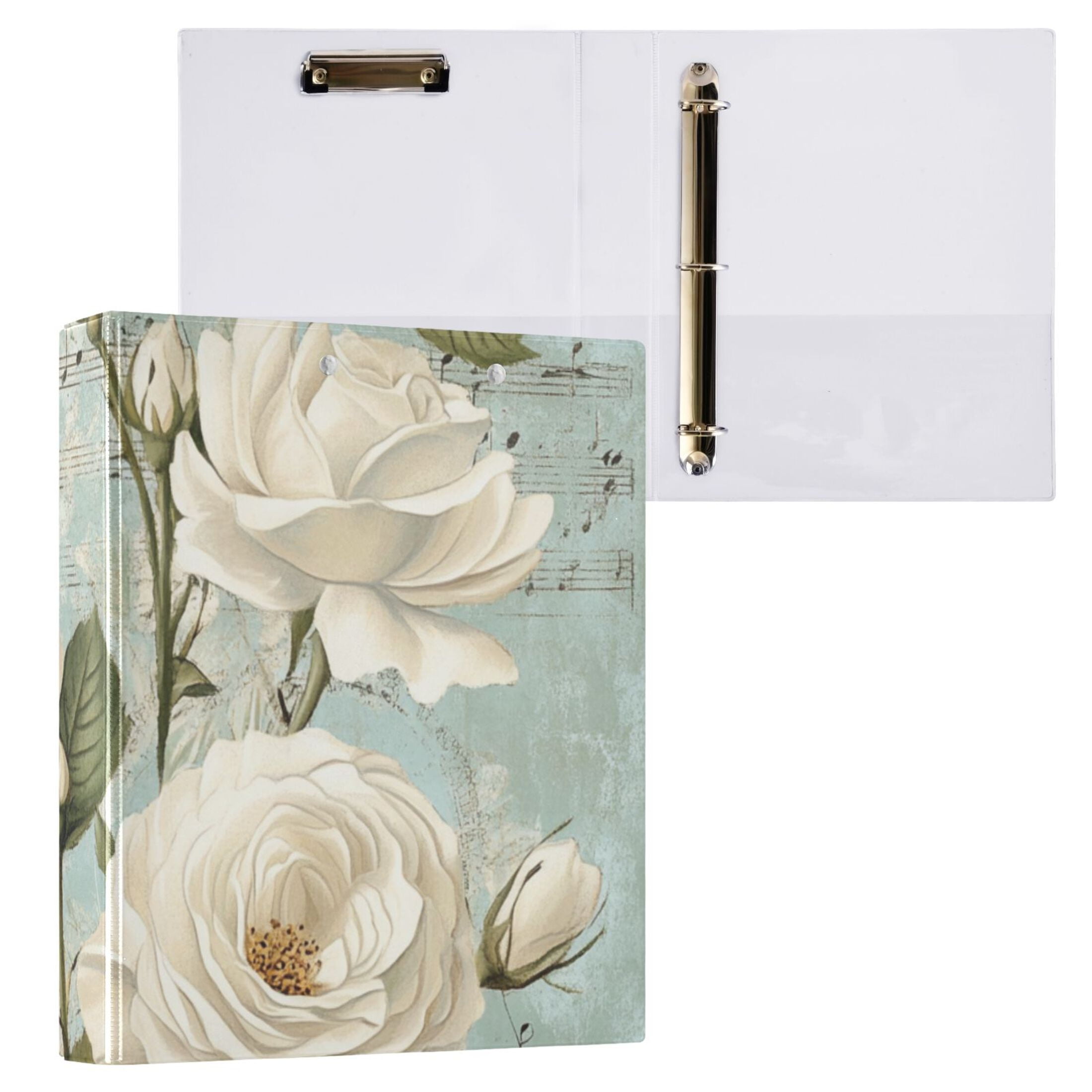 Rose Music Notes 3 Ring Binders 1.5 inch Hardcover File Folders with Interior Pockets A4 Size Organizer for School Office Hospital