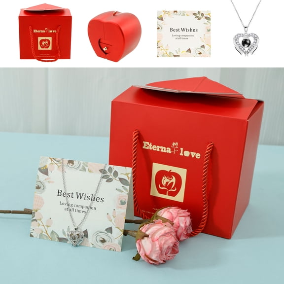 Rose Necklace Gift Box with I Love You Necklace in 100 Languages Romantic Rose with Necklace Box Gift for Girlfriend Women Mom Wife on Birthday Anniversaries