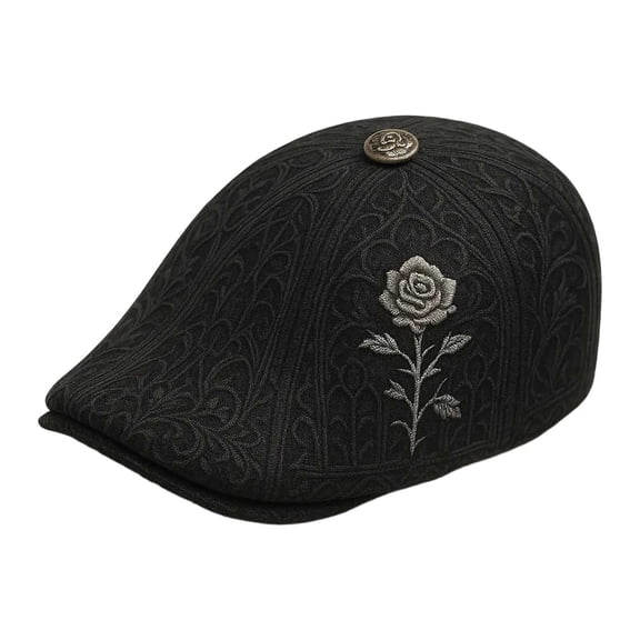 Rose Newsboy Cap Gothic Embroidery Flat Bill Beret For Fashion Retro Streetwear Hat