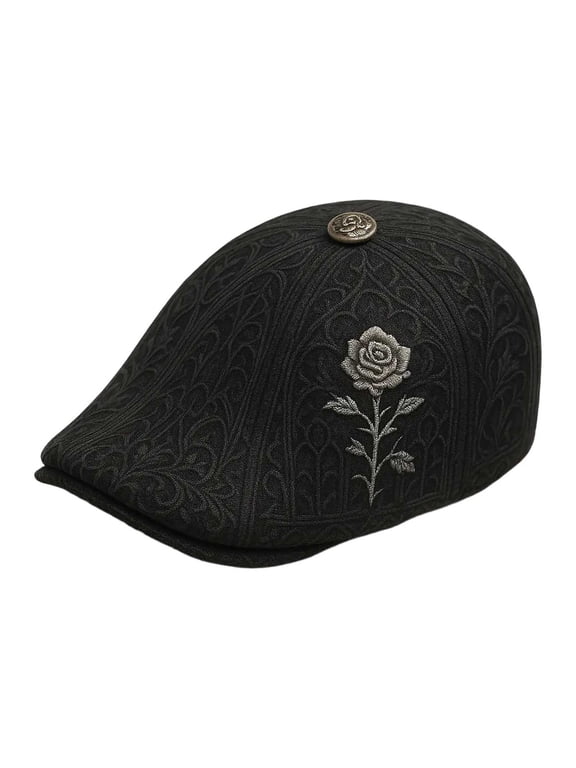 Rose Newsboy Cap Gothic Embroidery Flat Bill Beret For Fashion Retro Streetwear Hat