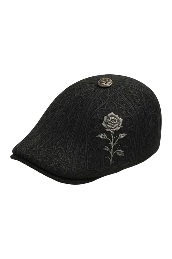 Rose Newsboy Cap Gothic Embroidery Flat Bill Beret For Fashion Retro Streetwear Hat