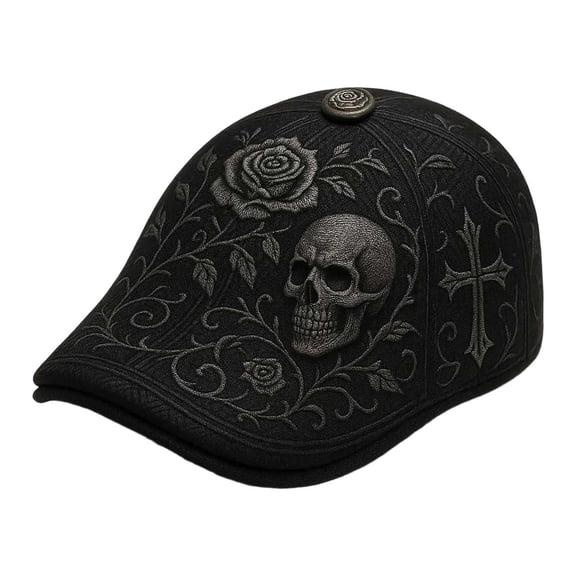 Rose Newsboy Cap Gothic Embroidery Flat Bill Beret For Fashion Retro Streetwear Hat