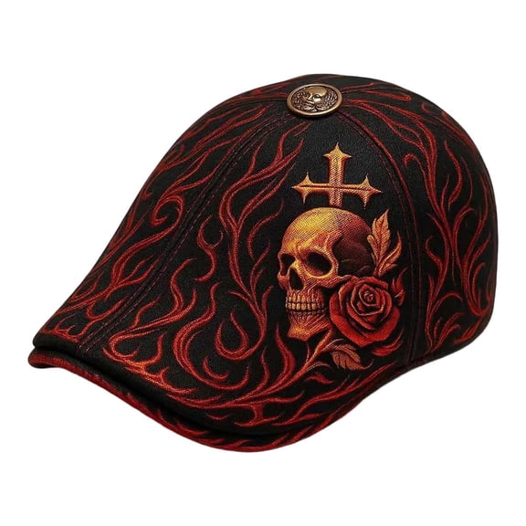 Rose Newsboy Cap Gothic Embroidery Flat Bill Beret For Fashion Retro Streetwear Hat