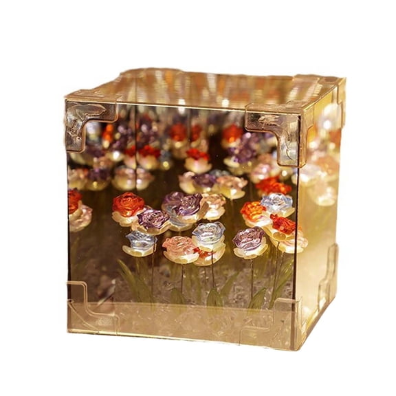 Rose Night Light Cube with LED Decoration- Handmade Rose Flower Mirror Lamp for Bedroom Desktop Decor, Creative Birthday Gift for Women Girlfriend Wife Couple Friends Anniversary Present