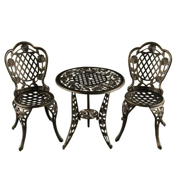 Rose Ornate Traditional Outdoor Patio Garden Aluminium Bistro Set, Bronze - 3 Piece