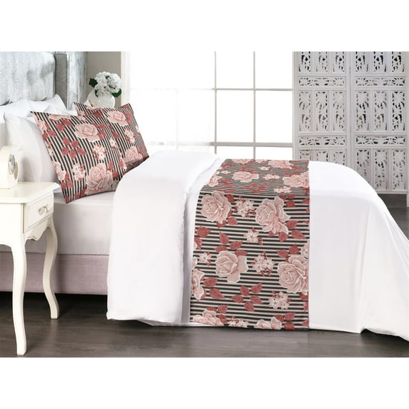 Rose Pattern Bed Runner Set, Autumnal Inspirations Delicate Flowers Vintage on Striped Back, Decorative Bedding Scarf & 2 Pillow Shams for Hotels Homes, King, Pale Pink Cinnamon Blush, by Ambesonne