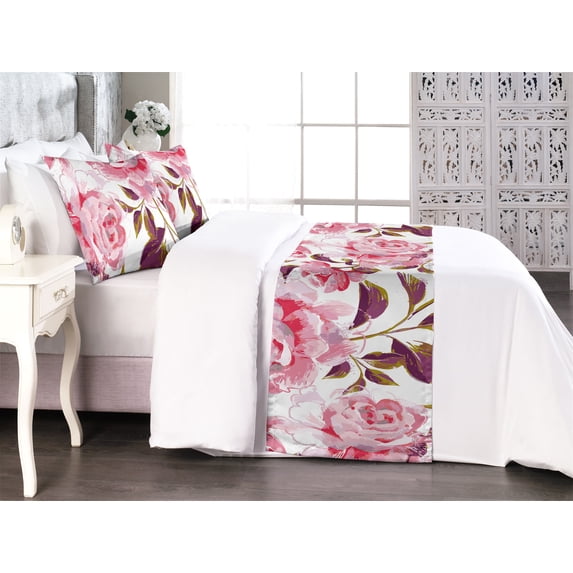 Rose Pattern Bed Runner Set, Dreamy Colors Flowers Vintage with Peduncles of Spring Print, Decorative Bedding Scarf & 2 Pillow Shams for Hotels Homes, Queen, Pastel Pink Indigo and White, by Ambesonne