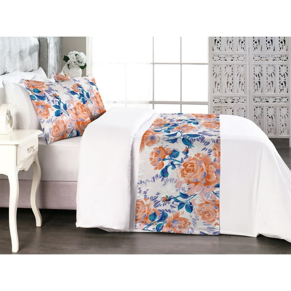 Rose Pattern Bed Runner Set, Dreamy Garden Scene Flowers Vintage with Leaves Fantasy Vibe Art, Decorative Bedding Scarf & 2 Pillow Shams for Hotels Homes, Queen, Pale Vermilion Dark Blue, by Ambesonne