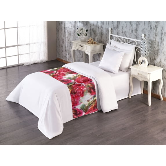 Rose Pattern Bed Runner, Watercolor Style Delicate Flowers Vintage with Leafy Branches Art, Decorative Accent Bedding Scarf for Hotels Homes & Guest Rooms, Twin, Dark Coral Laurel Green, by Ambesonne