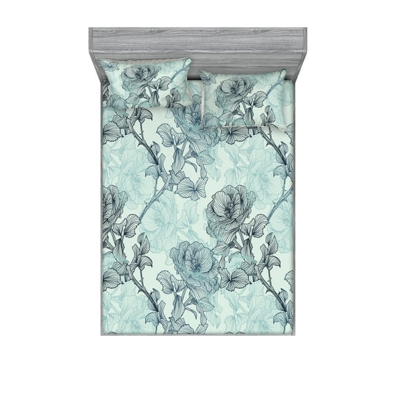 Rose Pattern Fitted Sheet & Pillow Sham Set, Bohemian Summer Vibes Forest Flowers Vintage Pattern with Lines Art, Decorative Printed 3 Piece Bedding Decor, Full, Almond Green Seafoam, by Ambesonne