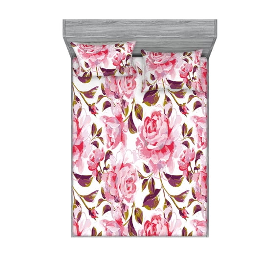 Rose Pattern Fitted Sheet & Pillow Sham Set, Dreamy Colors Flowers Vintage with Peduncles of Spring Print, Decorative Printed 3 Piece Bedding Decor, King, Pastel Pink Indigo and White, by Ambesonne