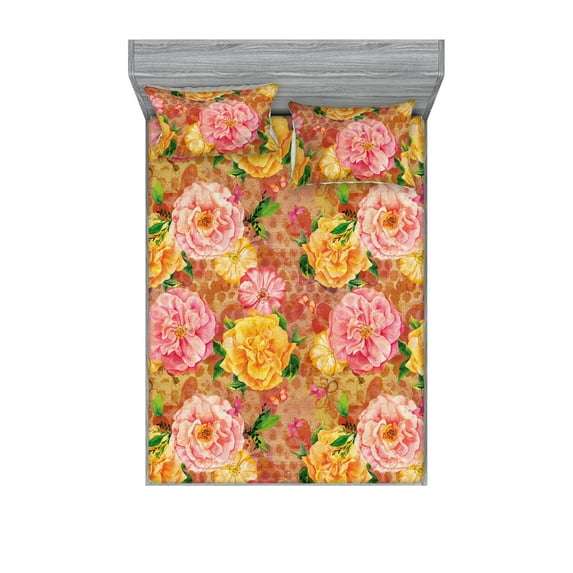 Rose Pattern Fitted Sheet & Pillow Sham Set, Nature Themed Flowers Vintage with Leaves Greenery Dreamy Romantic Art, Decorative Printed 3 Piece Bedding Decor, Full, Pale Pink Mustard, by Ambesonne