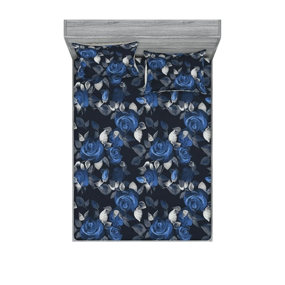 Rose Pattern Fitted Sheet & Pillow Sham Set, Night Time Jungle Feels Flowers Boho Watercolor Design Print, Decorative Printed 3 Piece Bedding Decor, King, Cobalt Blue Charcoal Grey, by Ambesonne