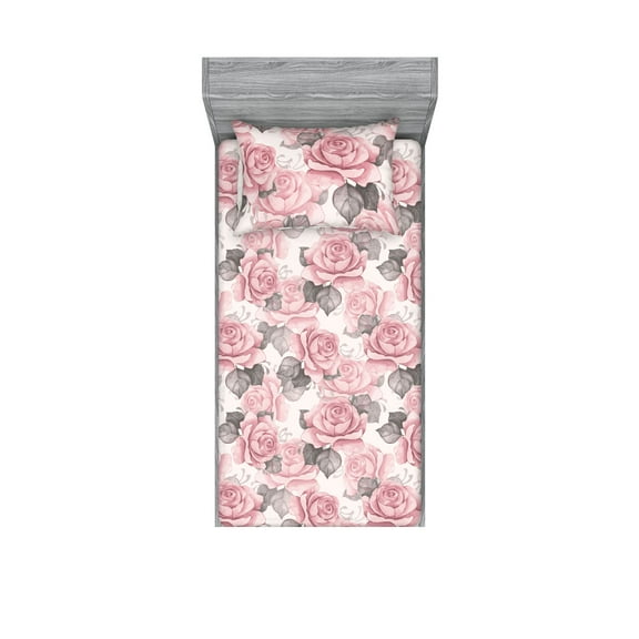 Rose Pattern Fitted Sheet & Pillow Sham Set, Pastel Colors Aquarelle Flowers Boho Pattern with Bitonal Leaves Art, Decorative Printed 2 Piece Bedding Decor, Twin, Pale Pink Taupe Grey, by Ambesonne