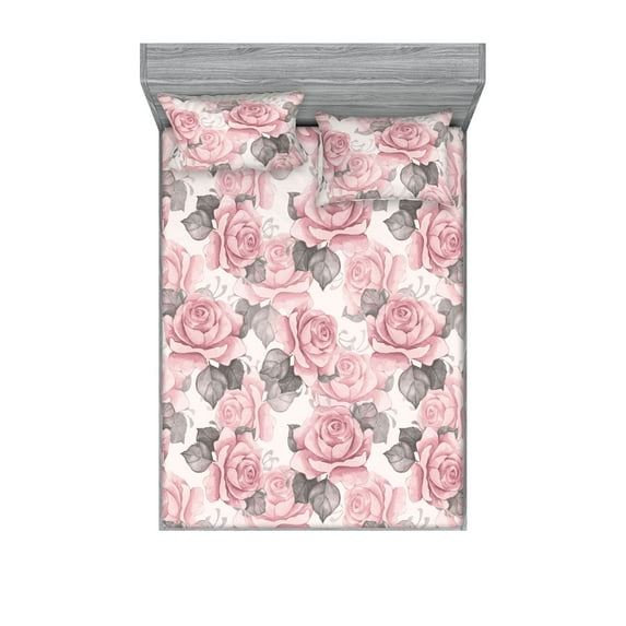 Rose Pattern Fitted Sheet & Pillow Sham Set, Pastel Colors Aquarelle Flowers Boho Pattern with Bitonal Leaves Art, Decorative Printed 3 Piece Bedding Decor, Queen, Pale Pink Taupe Grey, by Ambesonne