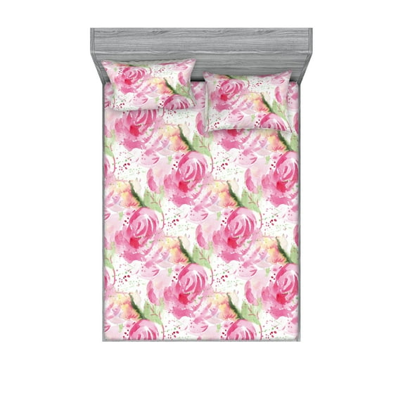 Rose Pattern Fitted Sheet & Pillow Sham Set, Vintage Watercolor Romantic Flowers Boho and Leaves with Spots, Decorative Printed 3 Piece Bedding Decor, Calking, Hot Pink Pistachio Green, by Ambesonne