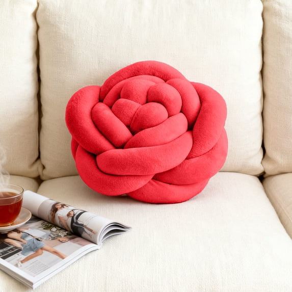Rose Pattern Hand Woven Throw Pillow, Usupdd Soft Polyester Decorative Cushion 17x17x6cm, Versatile Sofa Back Lumbar Pillow for Living Room Bedroom Office Car, Red