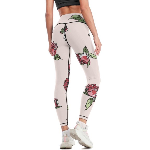Rose Pattern High Waisted Leggings for Women Regular & Plus - No See Through Tummy Control Cycling Workout Yoga Pants without Pockets XL