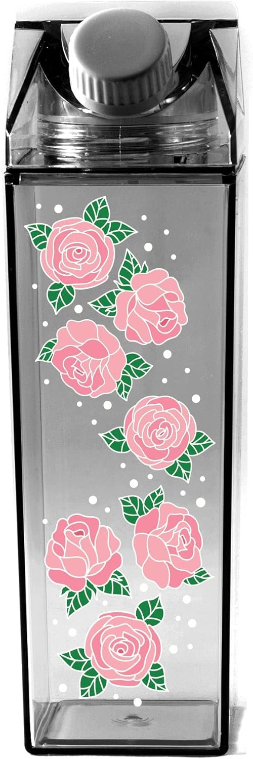 Rose Pattern Milk Carton Water Bottle 500ml 16.9oz Black
