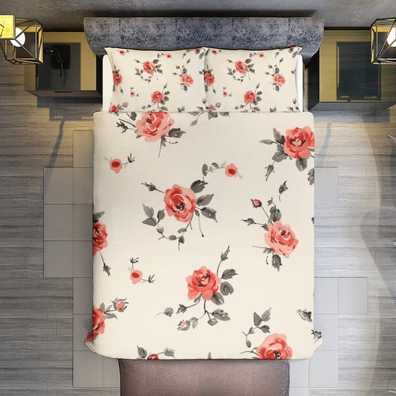 Rose Pattern Quilt Cover Set Fashionable Printed Bedding Covers with Pillowcase Home Textiles, Queen (90"x90")