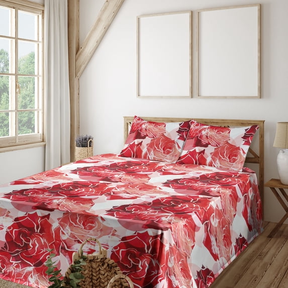 Ambesonne Rose Pattern Fitted & Flat Sheet with Sham 3 Pcs Set, Fractal Flowers Retro, Twin, Dark Pink Blush White