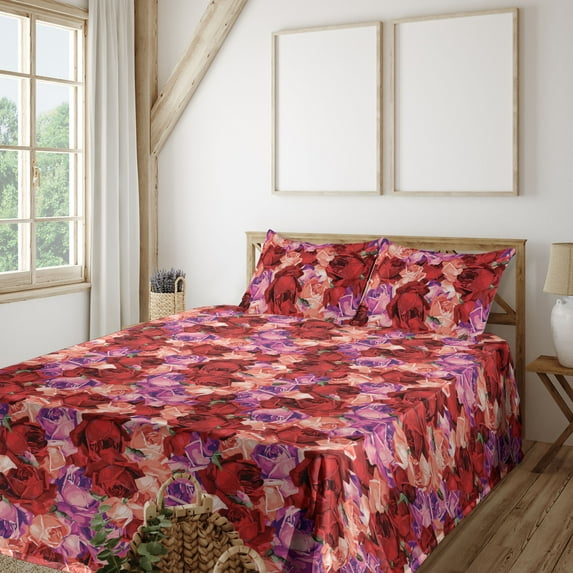 Ambesonne Rose Pattern Fitted & Flat Sheet with Shams 4 Pcs Set, Overlapping Floral Art, Full, Coral Fuchsia and Dark Pink
