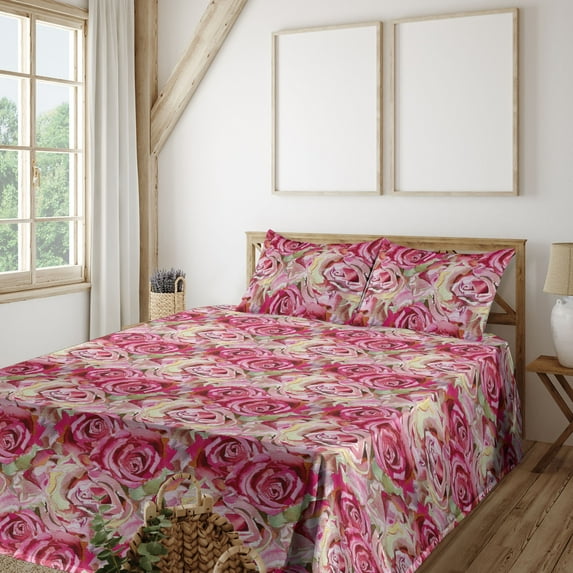 Ambesonne Rose Pattern Fitted & Flat Sheet with Shams 4 Pcs Set, Vintage Garden Flowers, Queen, Dark Coral Pale Pink