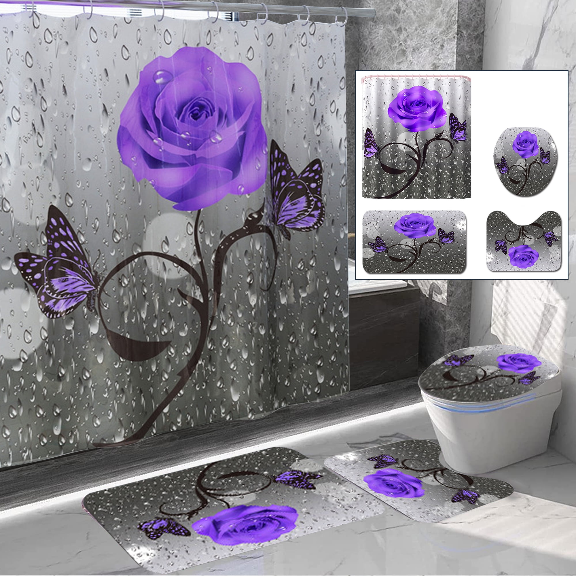 Rose Pattern Shower Curtains and Bath Rug Set, Bathroom accessories ...