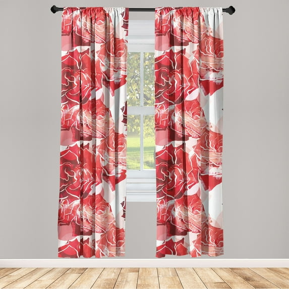 Rose Pattern Window Curtains, Fractal Silhouettes of Flowers Vintage with Rounds and Outlines Art, Lightweight Decor 2-Panel Set with Rod Pocket, Pair of - 28"x95", Dark Pink Blush White, by Ambesonne