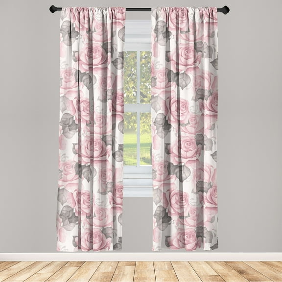 Rose Pattern Window Curtains, Pastel Colors Aquarelle Flowers Boho Pattern with Bitonal Leaves Art, Lightweight Decor 2-Panel Set with Rod Pocket, Pair of - 28"x63", Pale Pink Taupe Grey, by Ambesonne