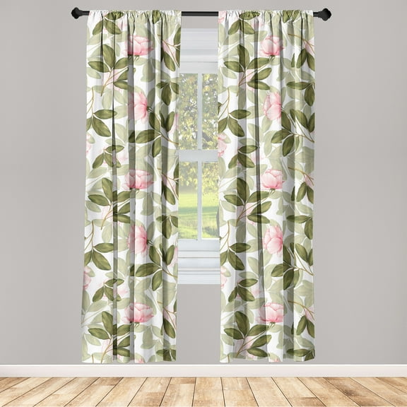 Rose Pattern Window Curtains, Romantic Aura Leaves Greenery with Delicate Flowers on Plain Back, Lightweight Decor 2-Panel Set with Rod Pocket, Pair of - 28"x63", Olive Green Pale Pink, by Ambesonne