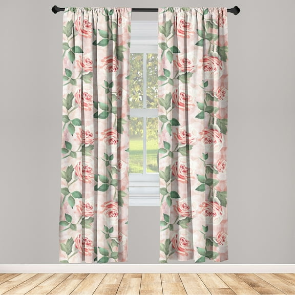 Rose Pattern Window Curtains, Vintage Feelings Flowers Boho Pattern with Leaves Greenery Print, Lightweight Decor 2-Panel Set with Rod Pocket, Pair of - 28"x63", Pale Pink Reseda Green, by Ambesonne