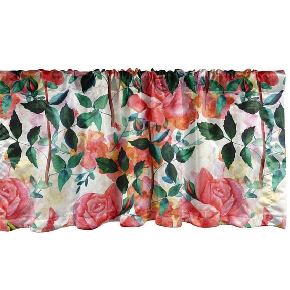 Rose Pattern Window Valance, Repeating Garden of Romance Print Leaves and Blooming Flowers, Curtain Valance for Kitchen Bedroom with Rod Pocket, 54" X 18", Pastel Pink Hunter Green, by Ambesonne