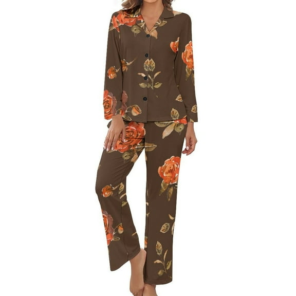 Rose Pattern Women's Long Sleeve Flannel Pajama Set Sleepwear L