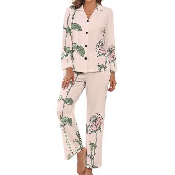 Rose Pattern Women's Long Sleeve Flannel Pajama Set Sleepwear M