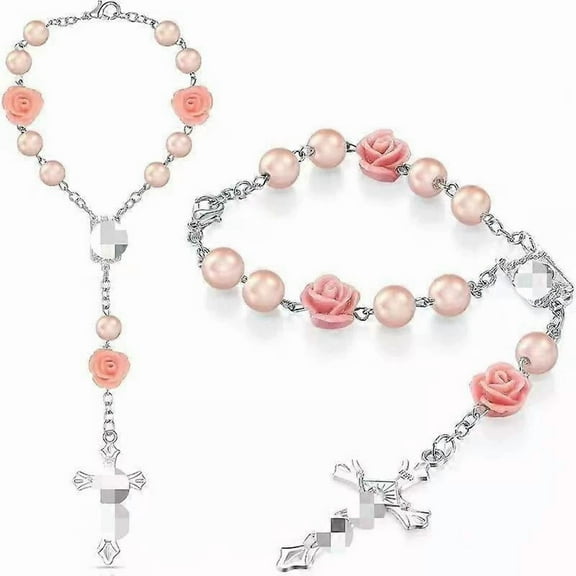 Rose & Pearl Catholic Rosary Bracelet With Cross: Baptism Jewelry