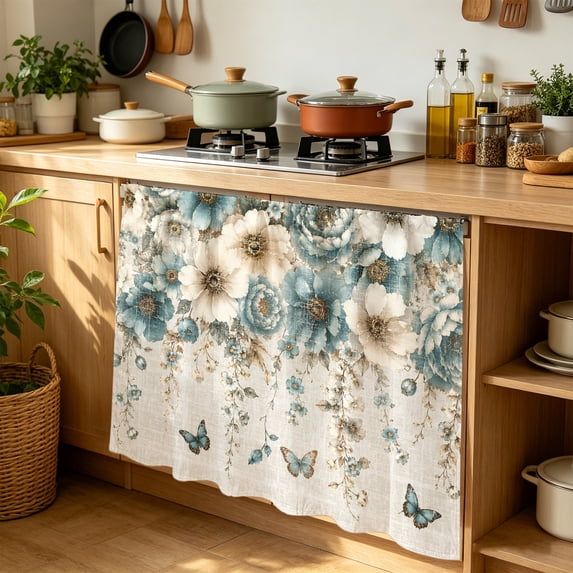 Rose Peony Cabinet Curtains for Kitchen 35"W x 35"L, Rustic Aqua Beige Flower Vines Butterfly Linen Texture Laundry Sink Cabinets Magic Tape Short Curtain Privacy Panel for Bathroom Vanity Cabinets
