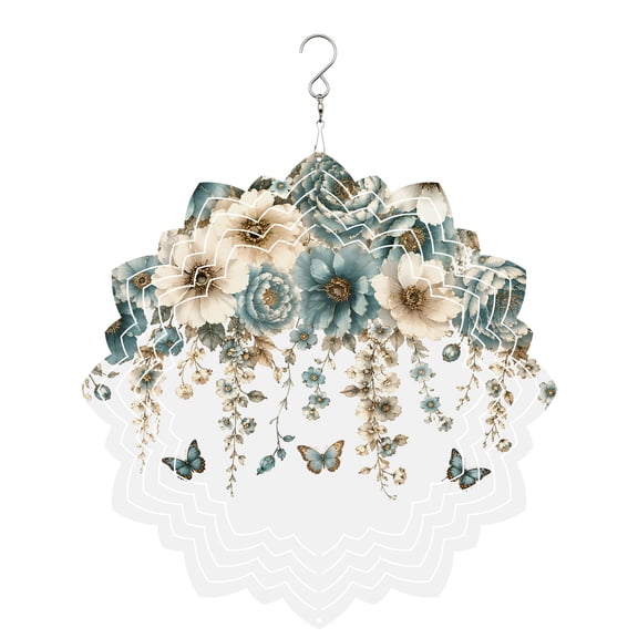 Rose Peony Wind Spinner for Garden Yard 8In, Rustic Floral Aqua Beige Hanging Flower Vines Butterfly 3D Stainless Steel Kinetic Hanging Wind Spinners Rustproof Outdoor Decor for Lawn Patio Home