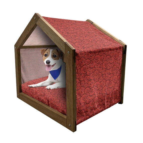 Rose Pet House, Vivid Red Roses Rain Water Drops Graphic Dewy Meadows Inspired Romantic Pattern, Outdoor & Indoor Portable Dog Kennel with Pillow and Cover, 5 Sizes, Ruby Vermilion, by Ambesonne