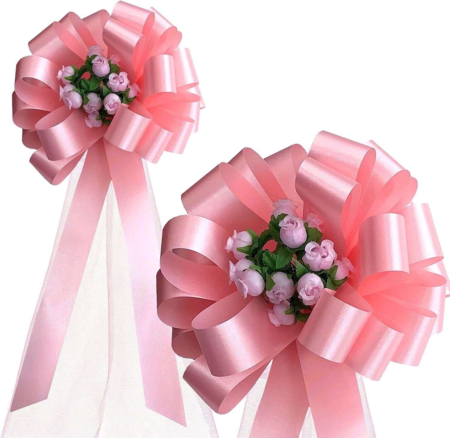 Rose Petal Pink Pull Bows with Tulle Tails and Rosebuds - 8" Wide, Set of 6, Easter, Spring, Mother's Day, Breast Cancer Awareness, Wedding Pew Bows, Reception & Aisle Decor, Anniversary, Birthday