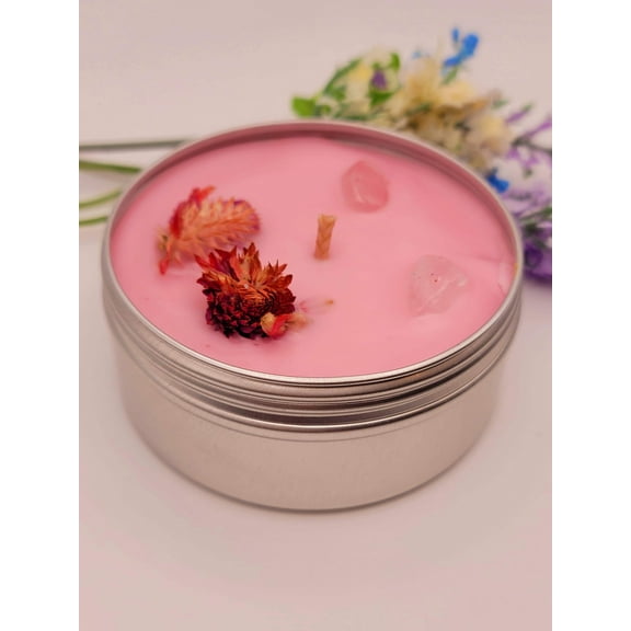 Rose Petals Natural Soy Wax Candle Highly Scented with Rose Quartz Crystals