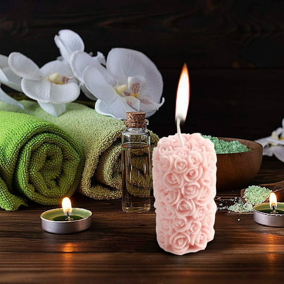 Rose Pillar Scented Candle with Rose Design, Vegetable Wax Candle for Home Decor, Relaxation, Birthday Gift