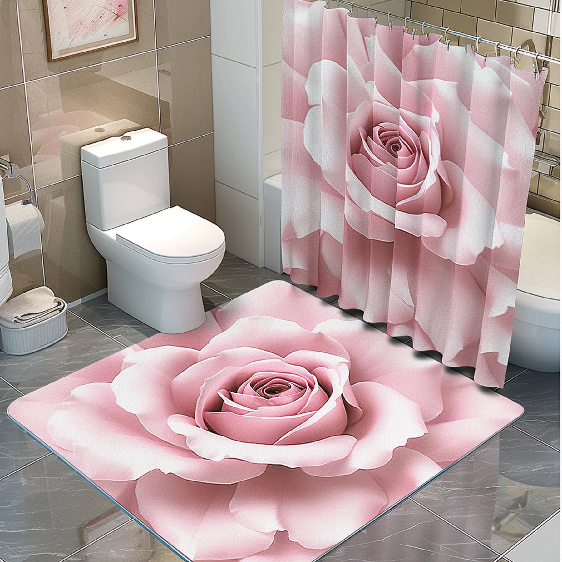 Rose Pink Bathroom Decor Set with White Shower Curtain - Walmart.com